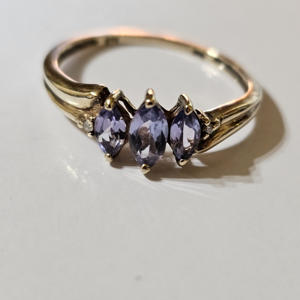 Solid 10K Gold Marquise Cut Genuine Tanzanite & Diamond Ring Size 7 - Picture 8 of 17